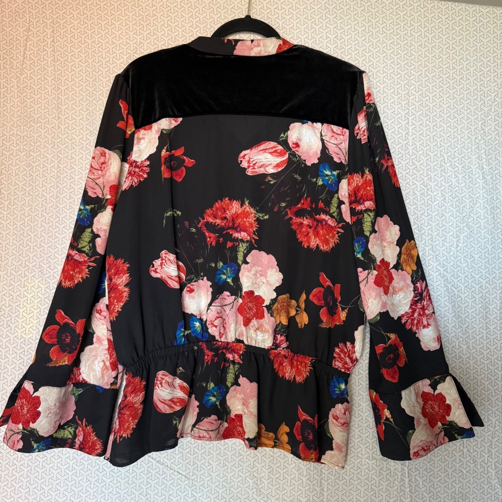 Worthington Black Floral Velvet‎ Trim Long Sleeve Peplum Blouse Women's XL - Picture 3 of 9